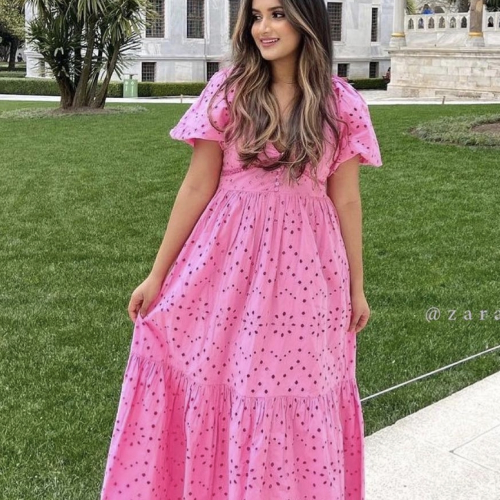 ZARA PINK OPENWORK EMBROIDERED MIDI DRESS PUFF SLEEVES
